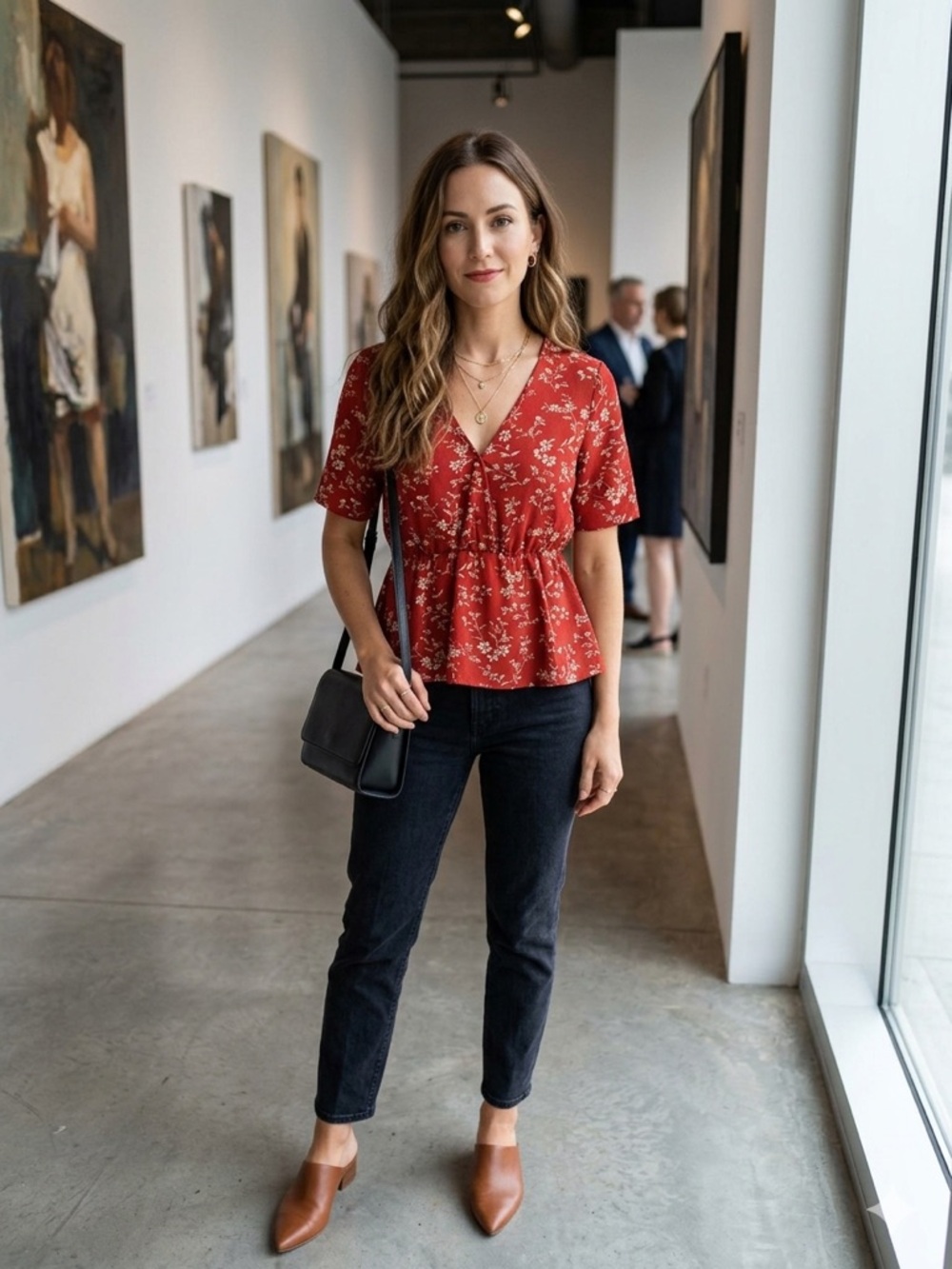 SHEIN Rust Red Floral V-Neck Top